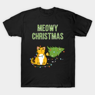 Meowy Christmas Tabby Cat Knocked Over Xmas Tree T-Shirt